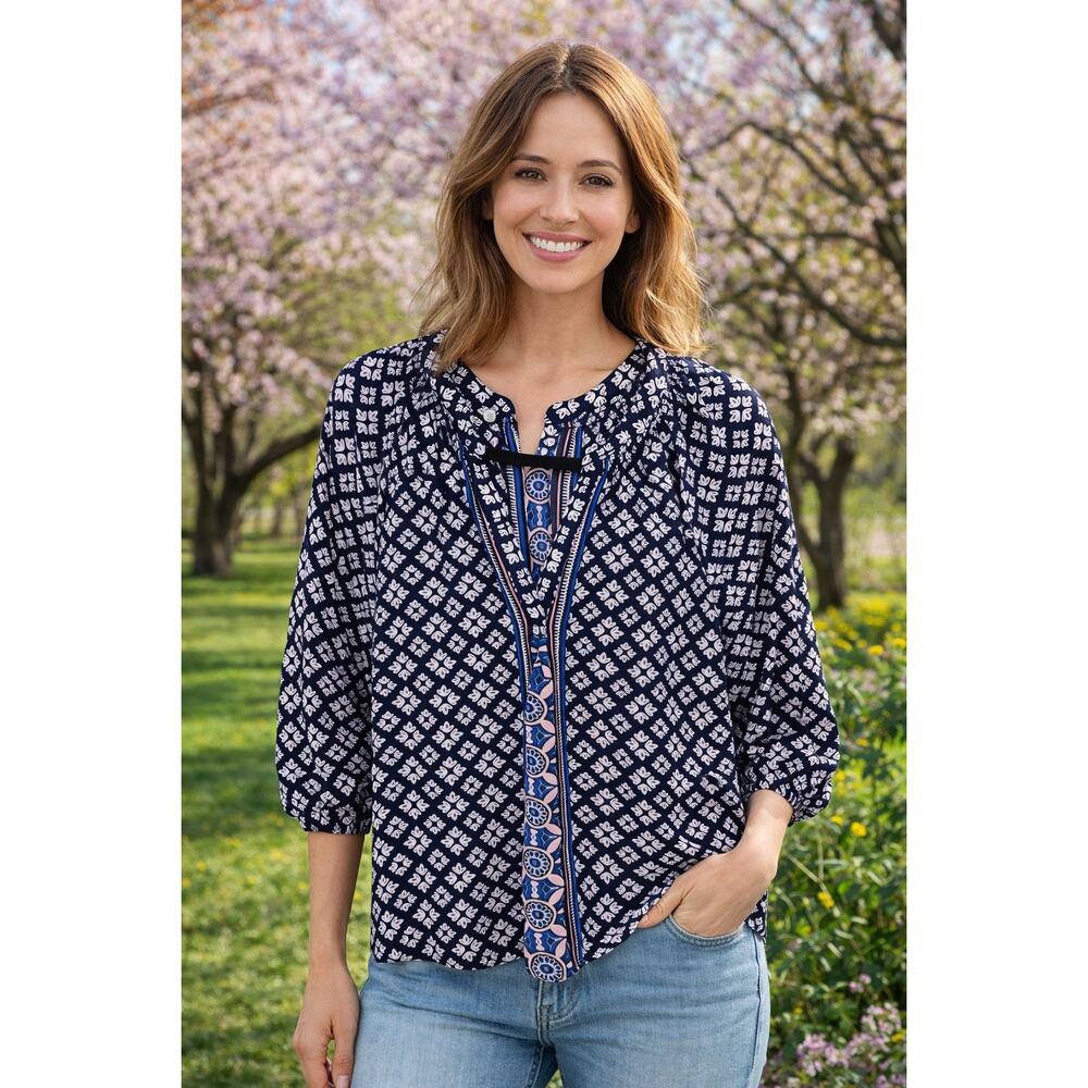 Crown & Ivy Large Blue Summer Spring Boho Peasant Coastal Preppy Chic Blouse